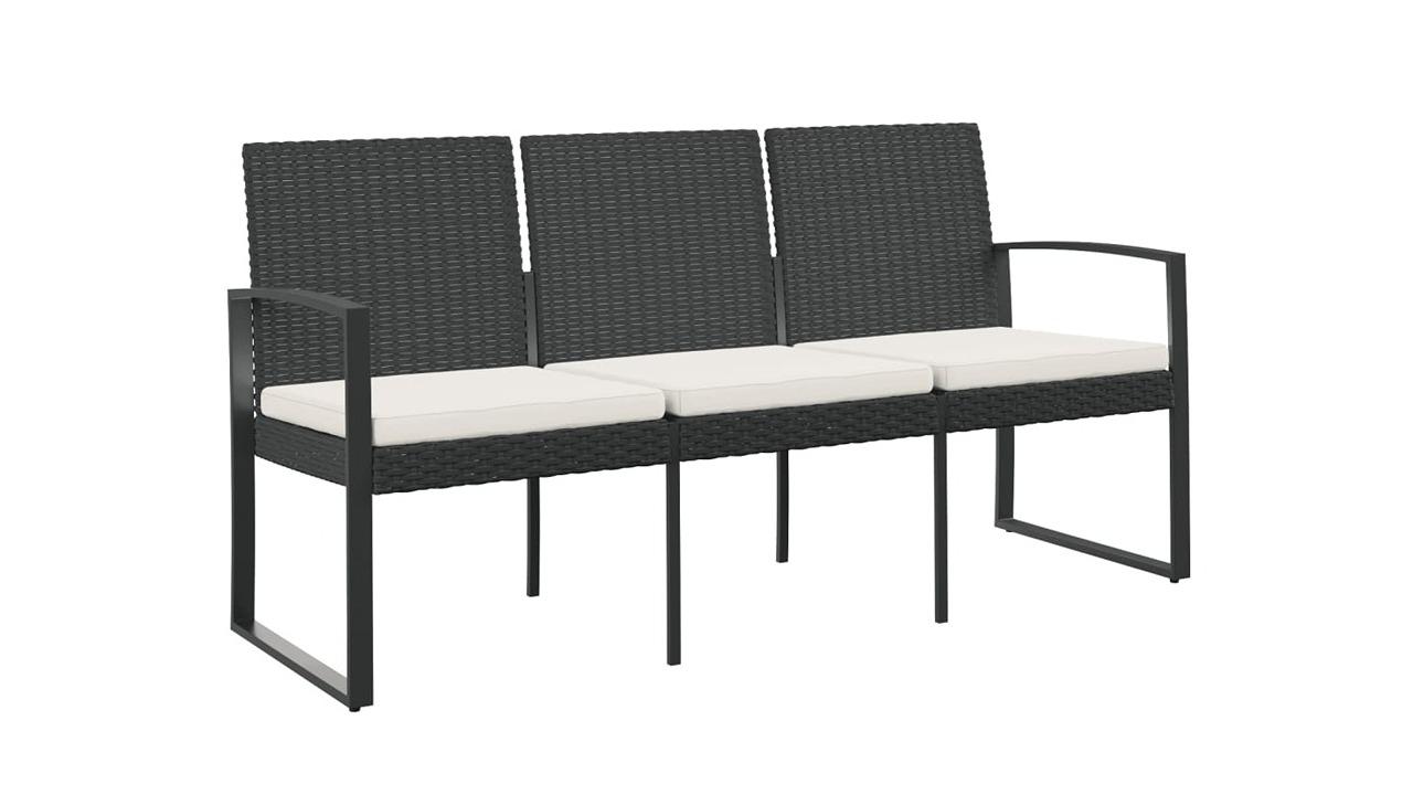 vidaXL 3-Seater Black PP Rattan Garden Bench with Cushion