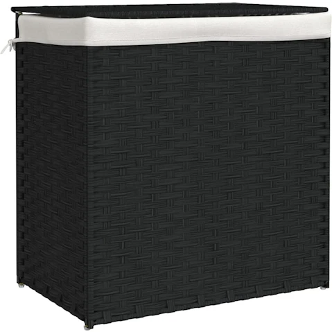 vidaXL Black Poly Rattan 53 x 35 x 57cm Laundry Basket with 2-Section