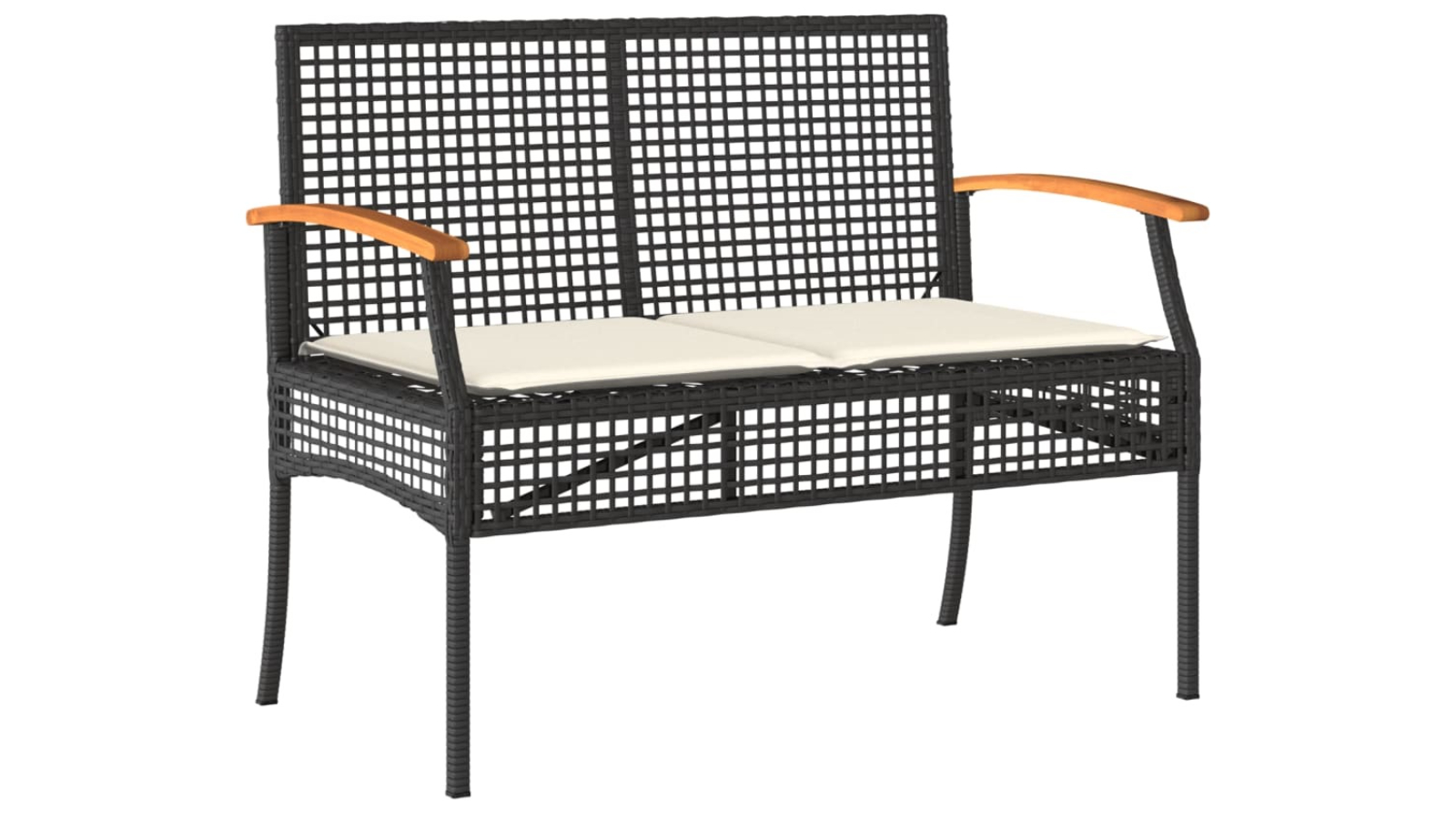 vidaXL Black Poly Rattan Acacia Wood Garden Bench with Cushion