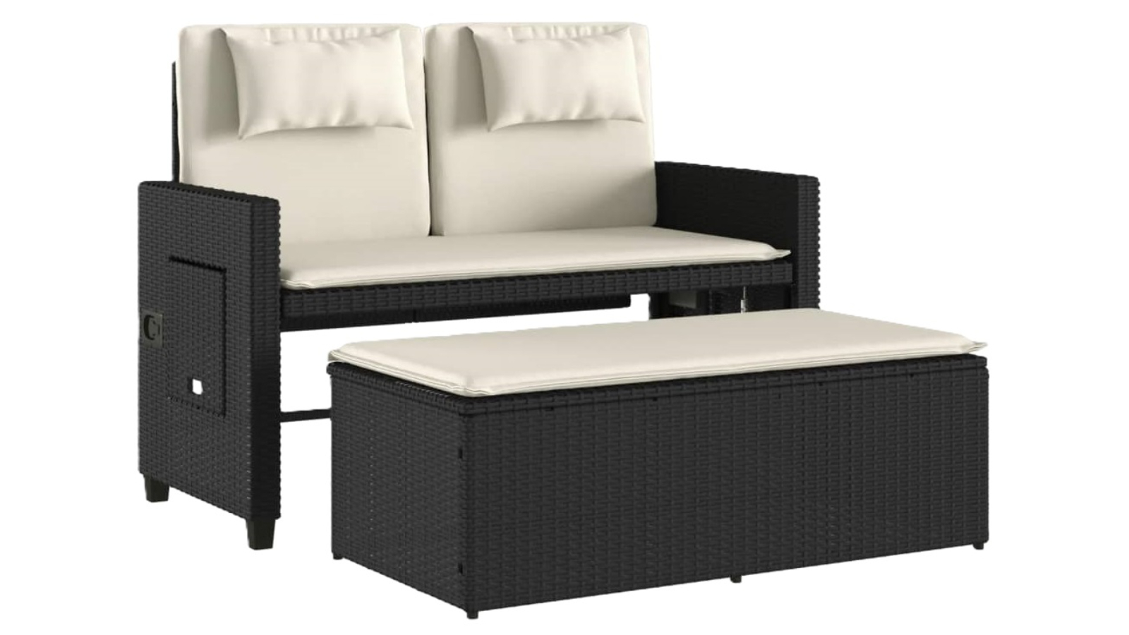 vidaXL Poly Rattan Reclining Garden Bench with Cushion - Black/Cream