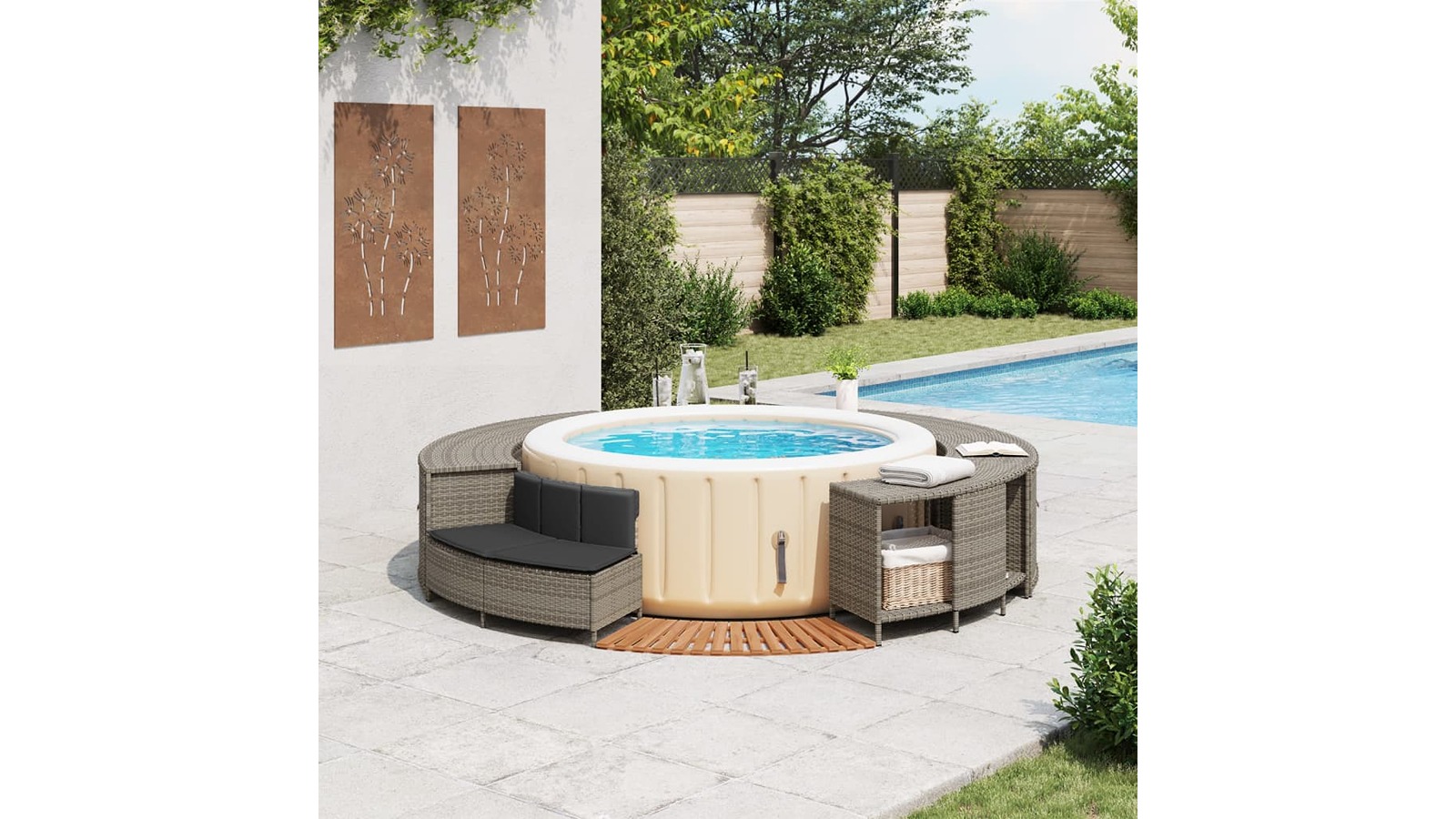 vidaXL Grey Poly Rattan and Solid Acacia Wood Short Step Hot Tub ...