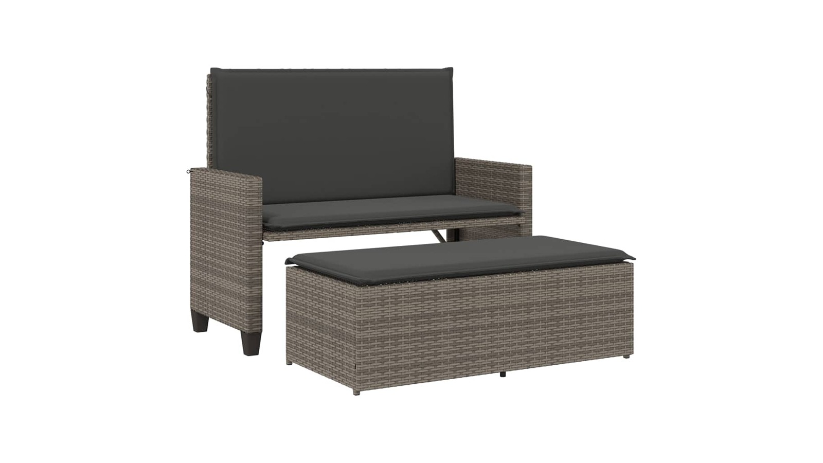 vidaXL Grey Poly Rattan Garden Bench with Cushion and Footstool