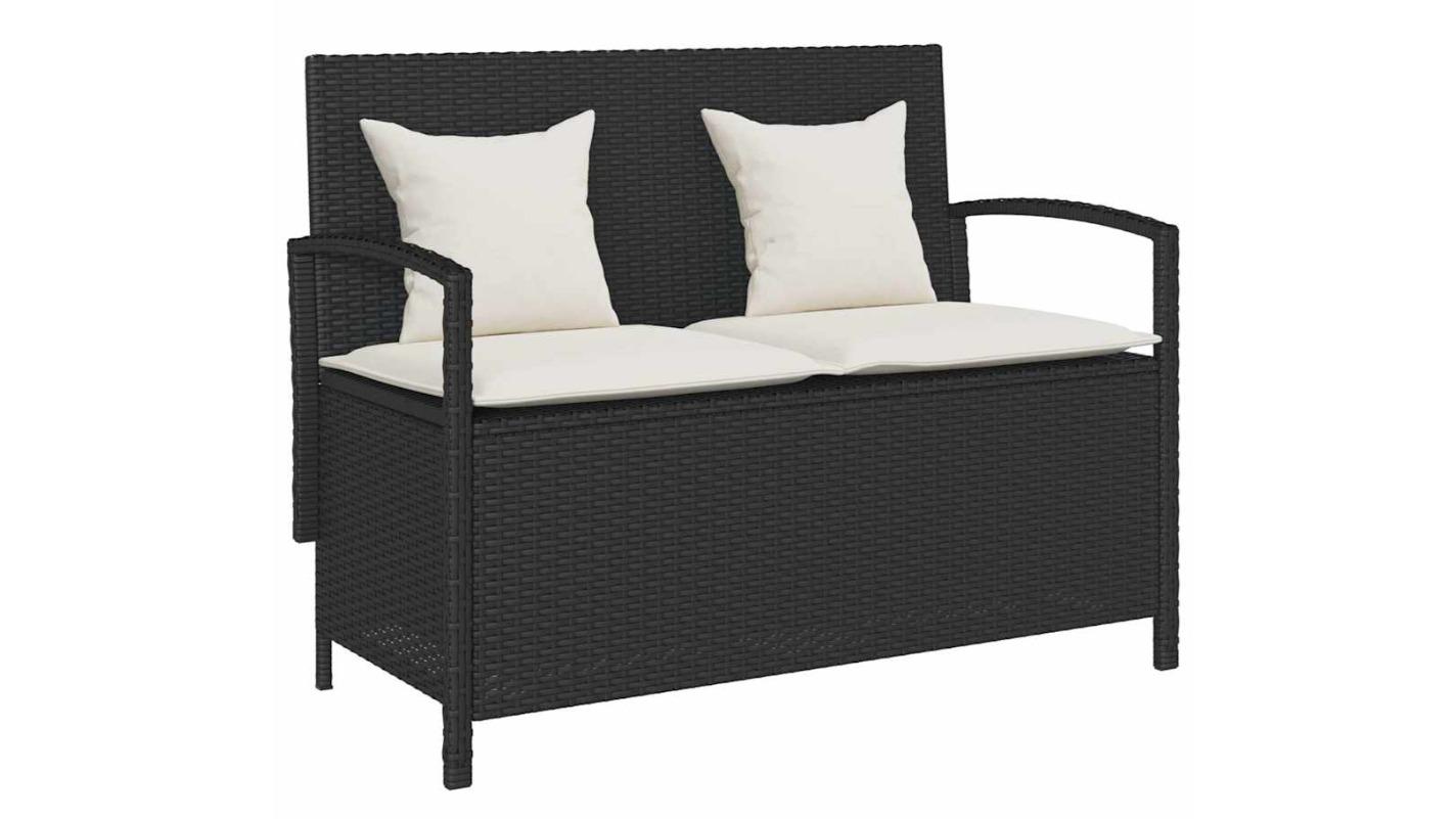 vidaXL Black Poly Rattan Garden Storage Bench with Cushion