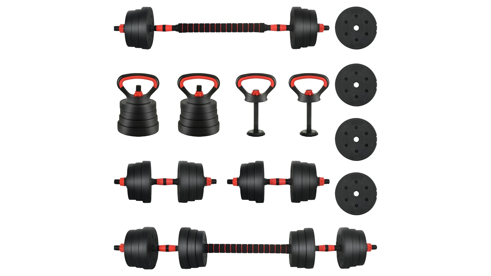 vidaXL 4-in-1 Black/Red Cement and Iron Sand 30kg Dumbbell Set with Kettlebell