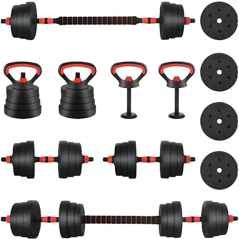 vidaXL 4-in-1 Black/Red Cement and Iron Sand 30kg Dumbbell Set with Kettlebell