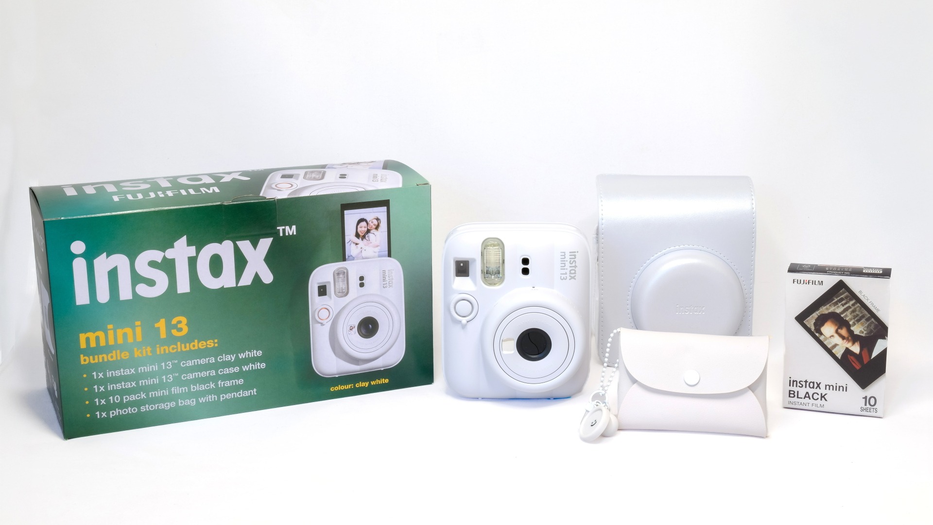 instax mini 13 Bundle with Film and Case - Clay White