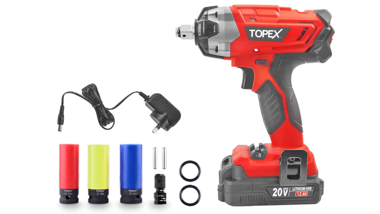 TOPEX 2-in-1 20V Cordless Impact Wrench Driver 1/2inch with Sockets Battery and Charger