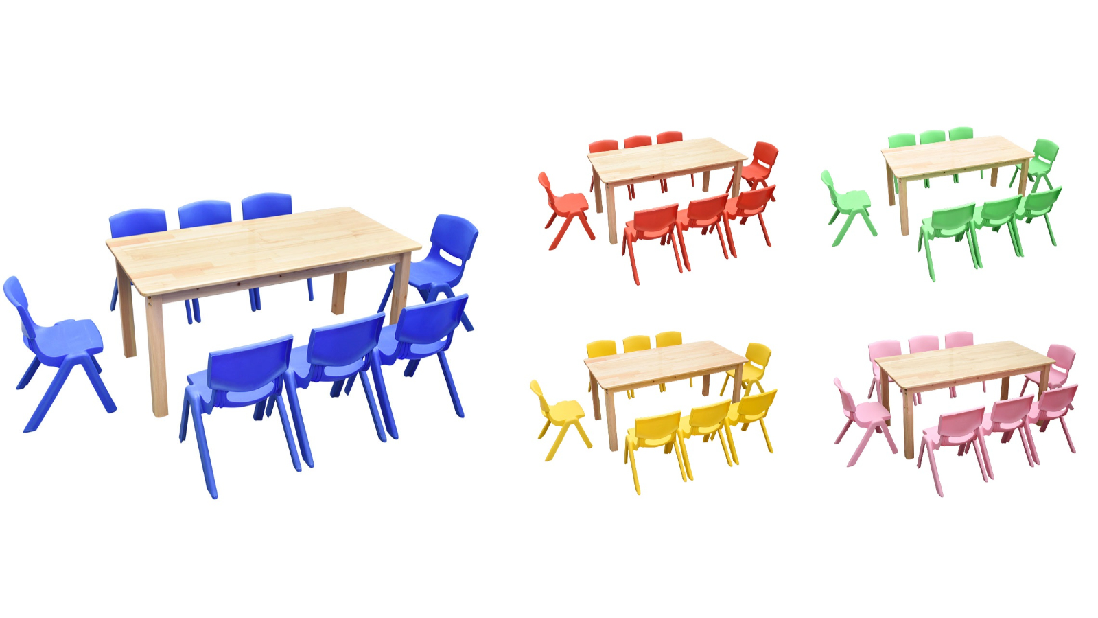 HelloDeal 120 x 60cm Pinewood Kids Study Table and 8 Piece Plastic Chair Set