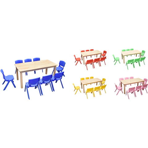 HelloDeal 120 x 60cm Pinewood Kids Study Table and 8 Piece Plastic Chair Set