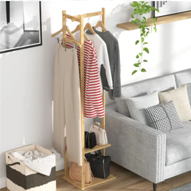 NNEOBA Yellow Bamboo Free-Standing Clothing Garment Rack with 2-Tier Shelves
