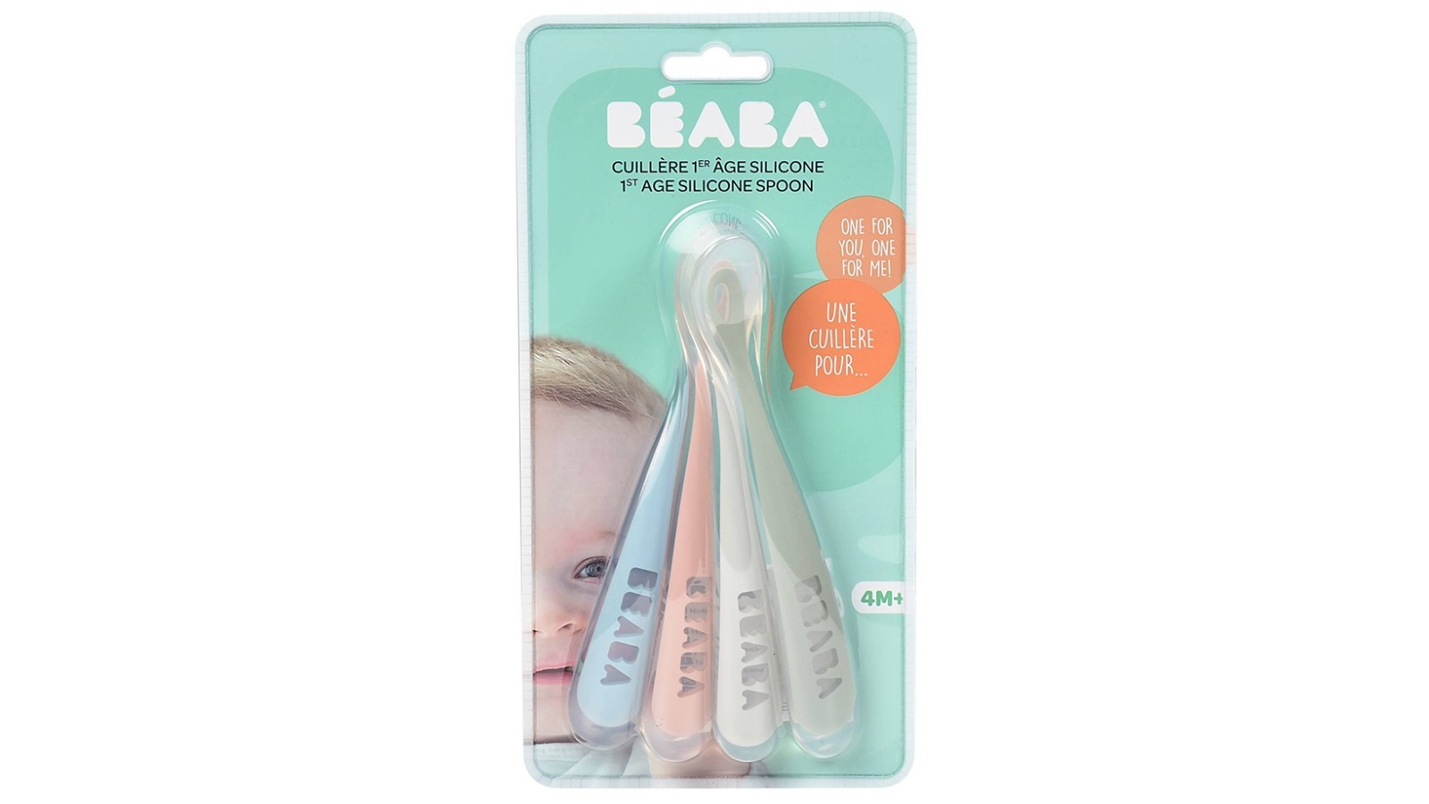 Beaba 4 Pack 1st Stage Ergonomic Spoons - Light Blue/Pink/Grey/Eucalyptus
