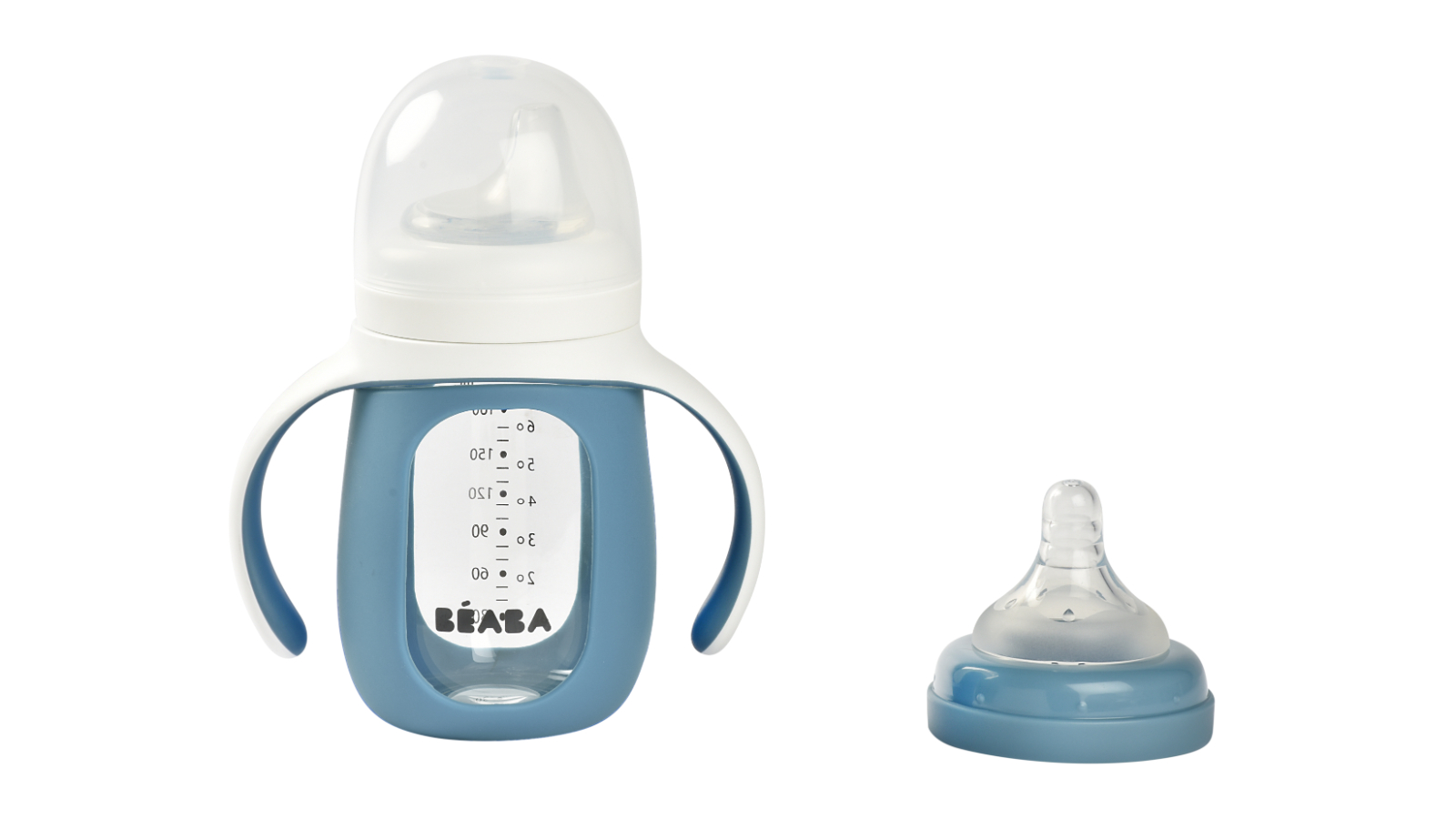Beaba 210ml Glass Bottle with Silicone Protective Sleeve - Windy Blue