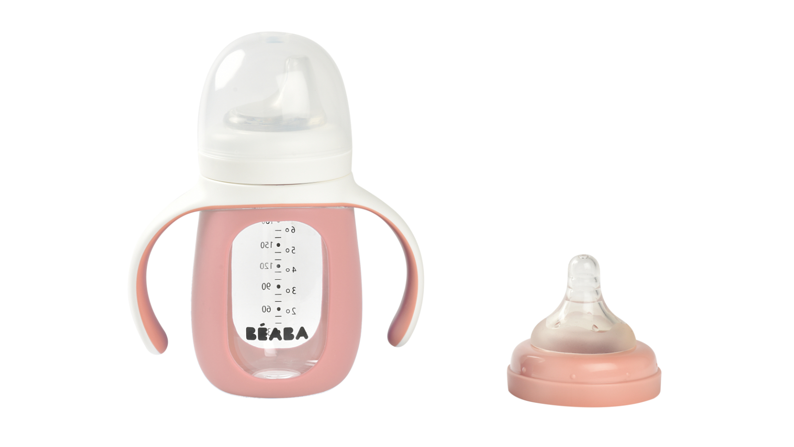 Beaba 210ml Glass Bottle with Silicone Protective Sleeve - Vintage Pink