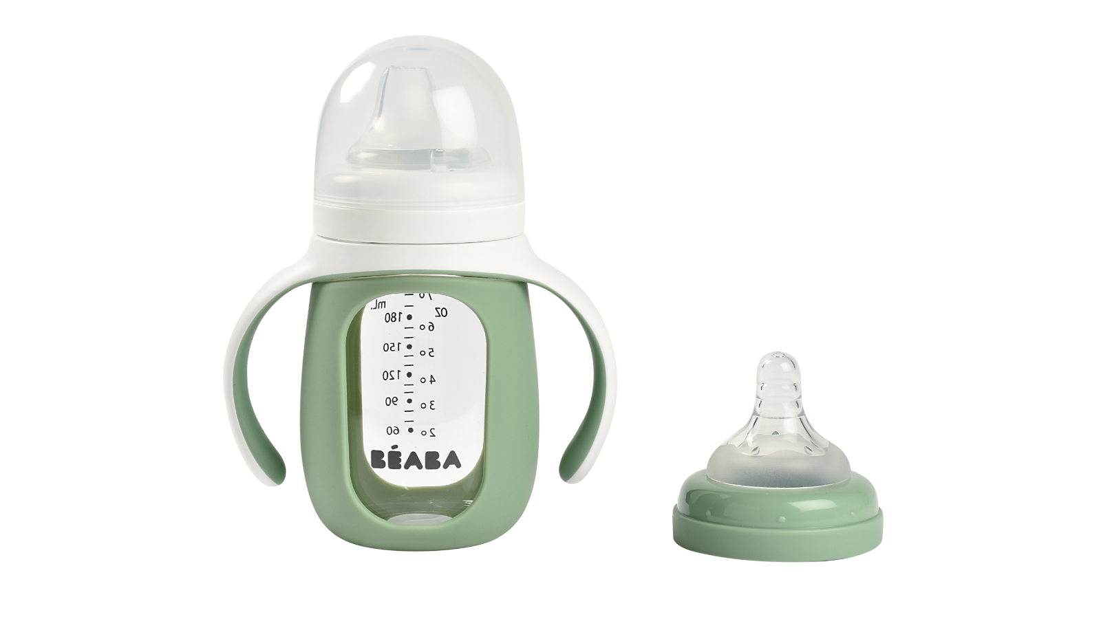 Beaba 210ml Glass Bottle with Silicone Protective Sleeve - Sage Green