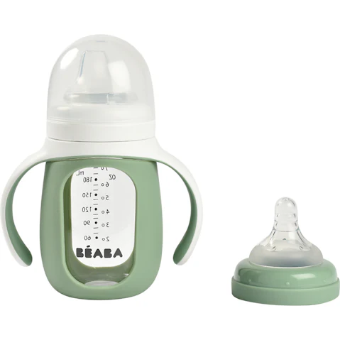 Beaba 210ml Glass Bottle with Silicone Protective Sleeve - Sage Green