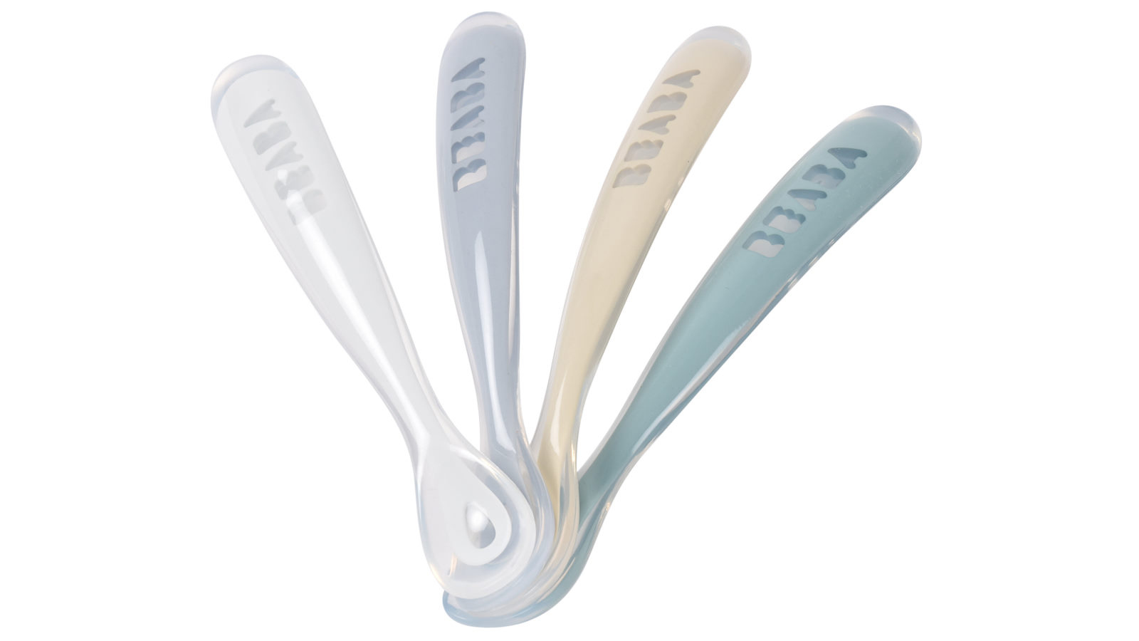 Beaba 1st Stage Pack of 4 Silicone Spoons - Pebble/Cloud Blue/Baltic Blue/Clay