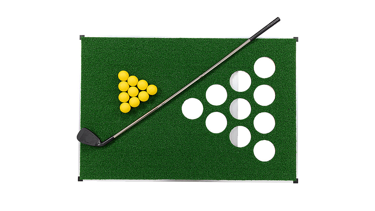 Randy and Travis Machinery Golf Cornhole Game with Chipping Mats, Balls, Putters