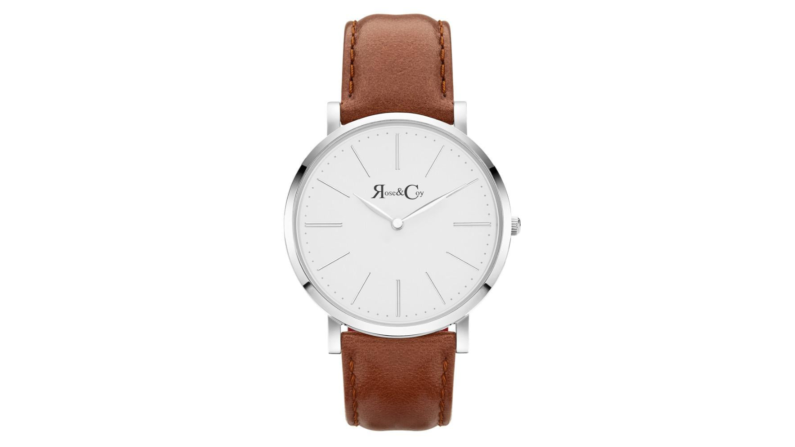 Rose and Coy 4cm Pinnacle Ultra Slim Brown Leather Watch - Silver