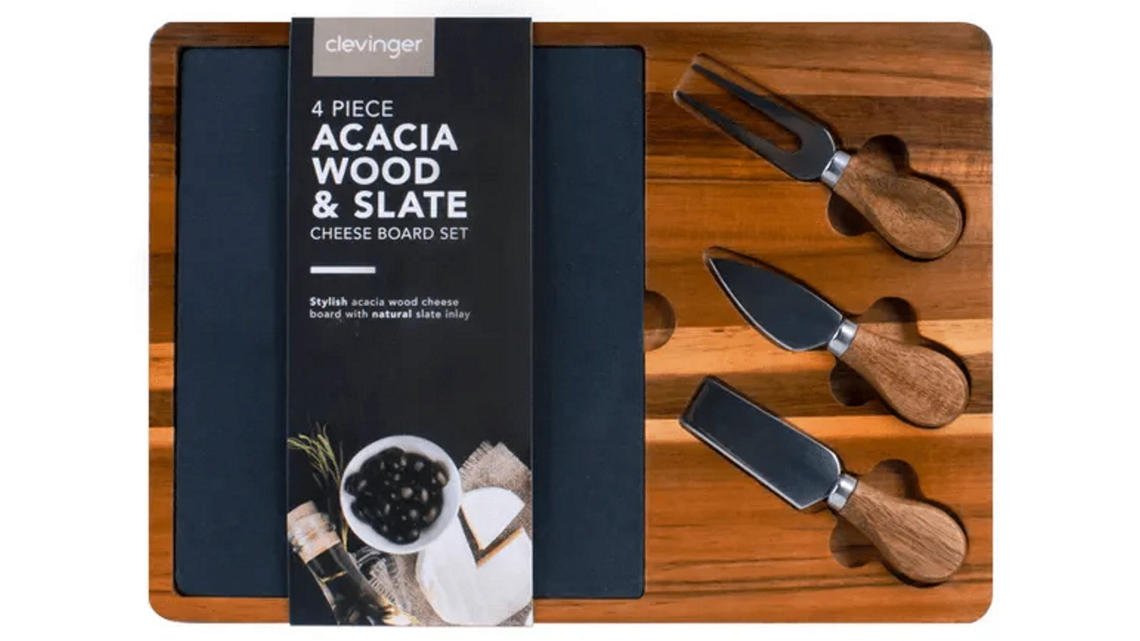 YS 4 Piece Acacia Wood and Slate Cheese Board With Knife Set
