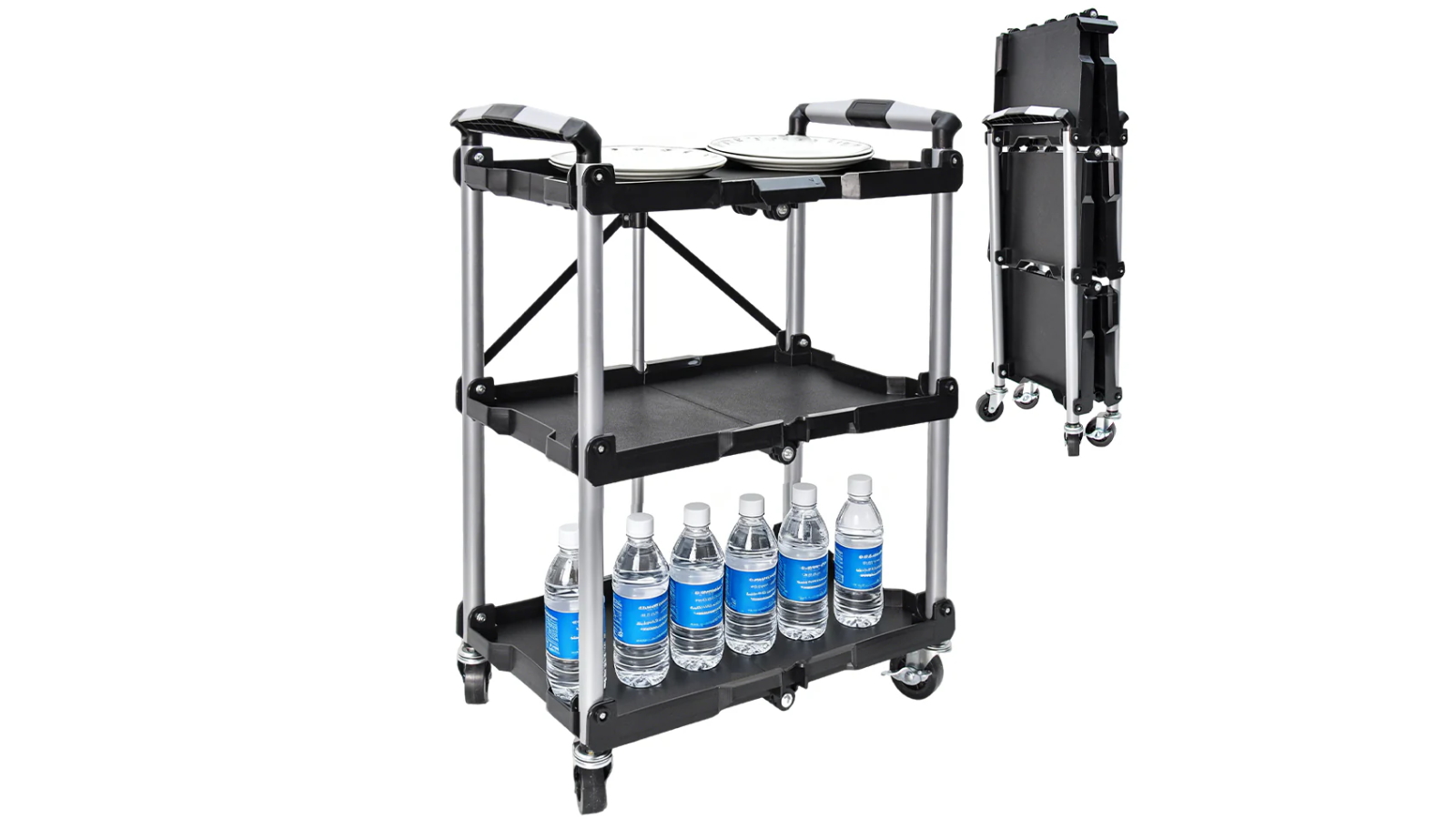 YS 3-Tier Folding Cart Heavy-Duty Serving Trolley with Lockable Wheels