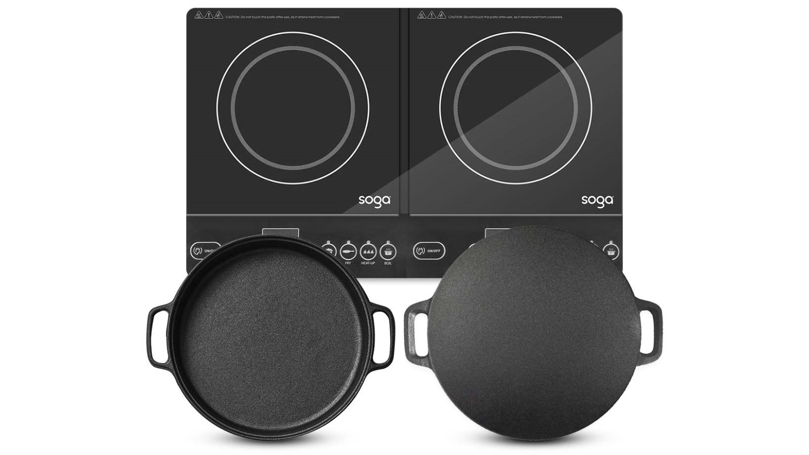 SOGA Dual Burners Cooktop Stove with 30cm Cast Iron Skillet and 34cm Induction Crepe Pan Cookware