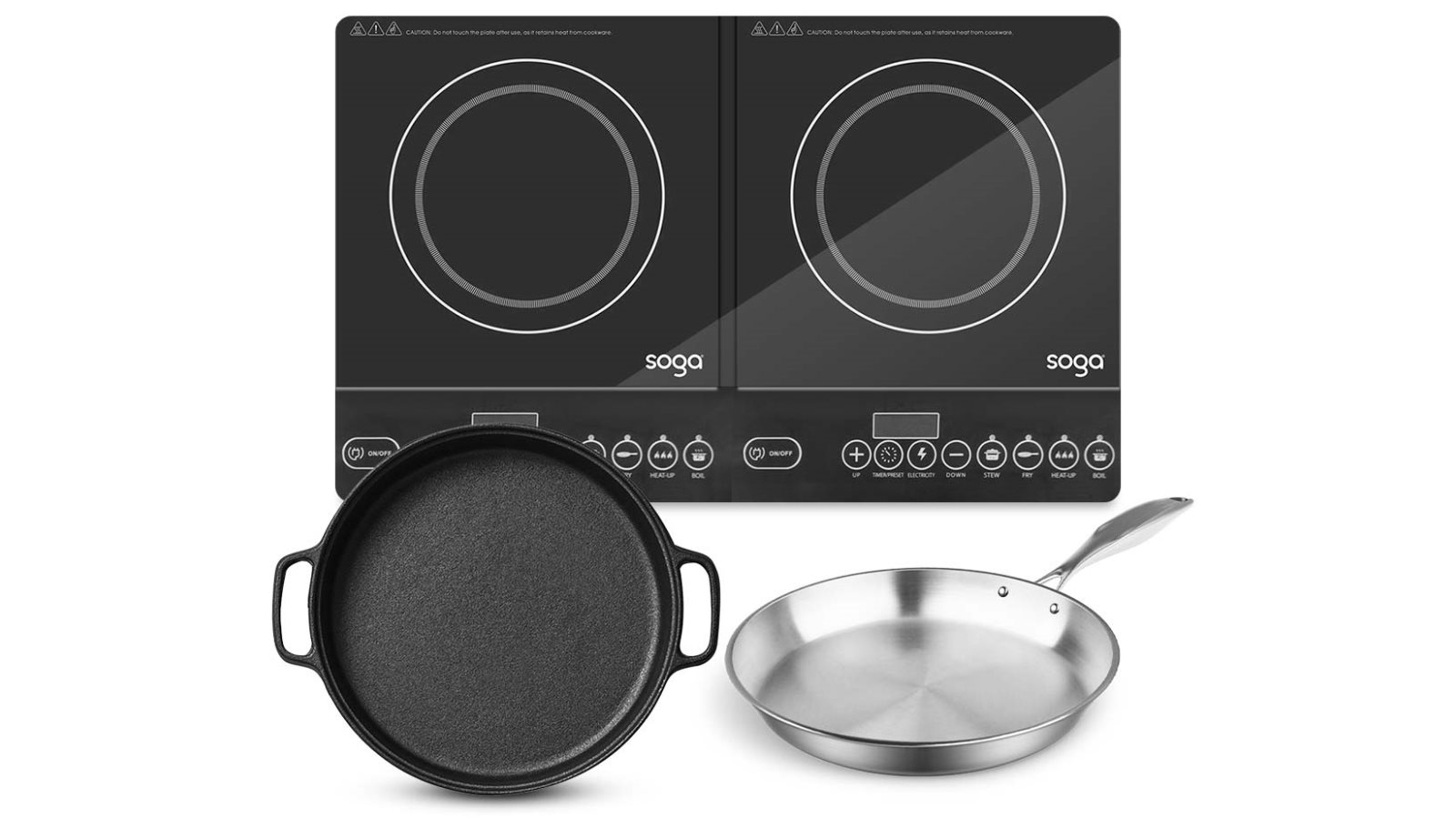 SOGA Dual Burners Cooktop Stove with 30cm Cast Iron Frying Pan Skillet and 28cm Induction Fry Pan