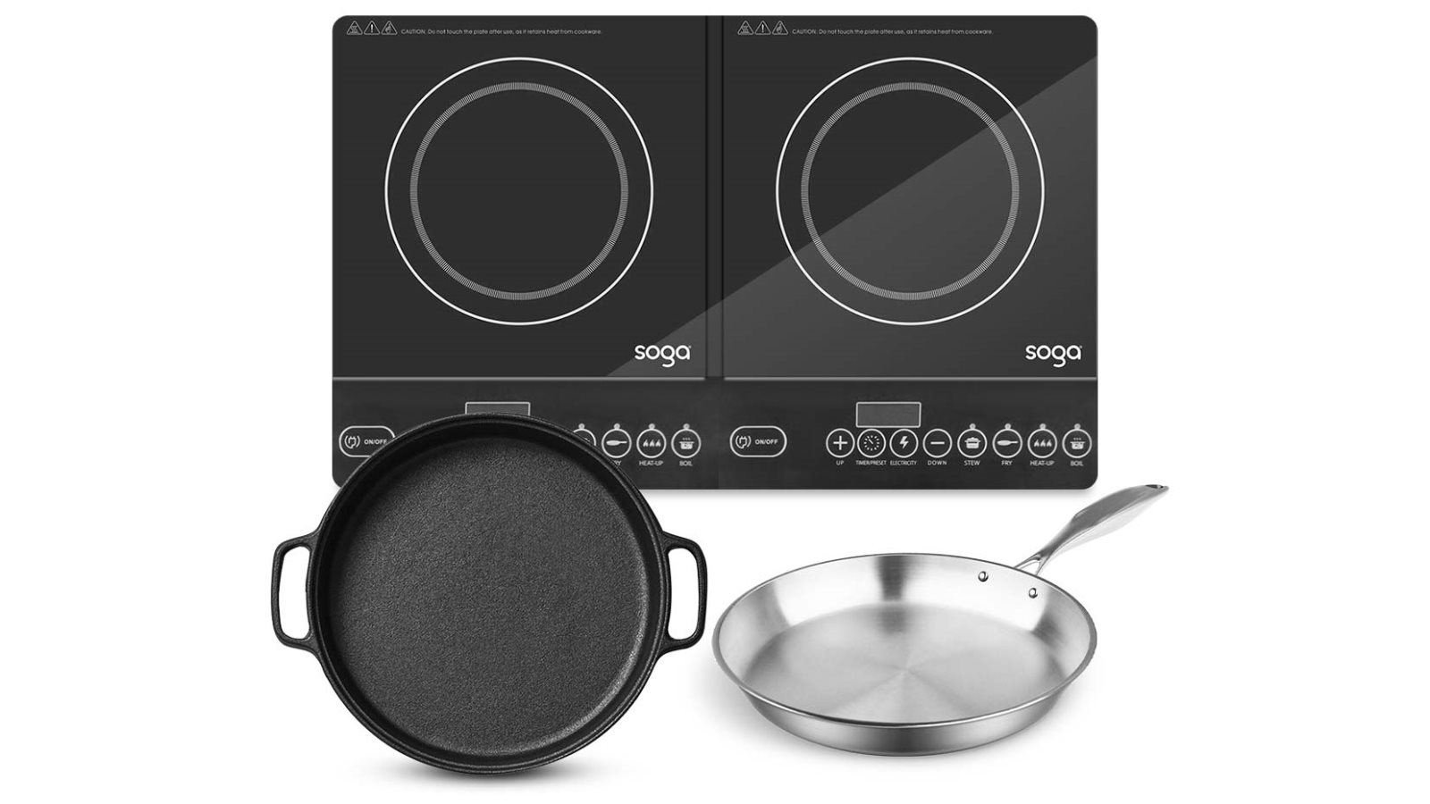 SOGA Dual Burners Cooktop Stove with 30cm Cast Iron Frying Pan Skillet and 30cm Induction Fry Pan