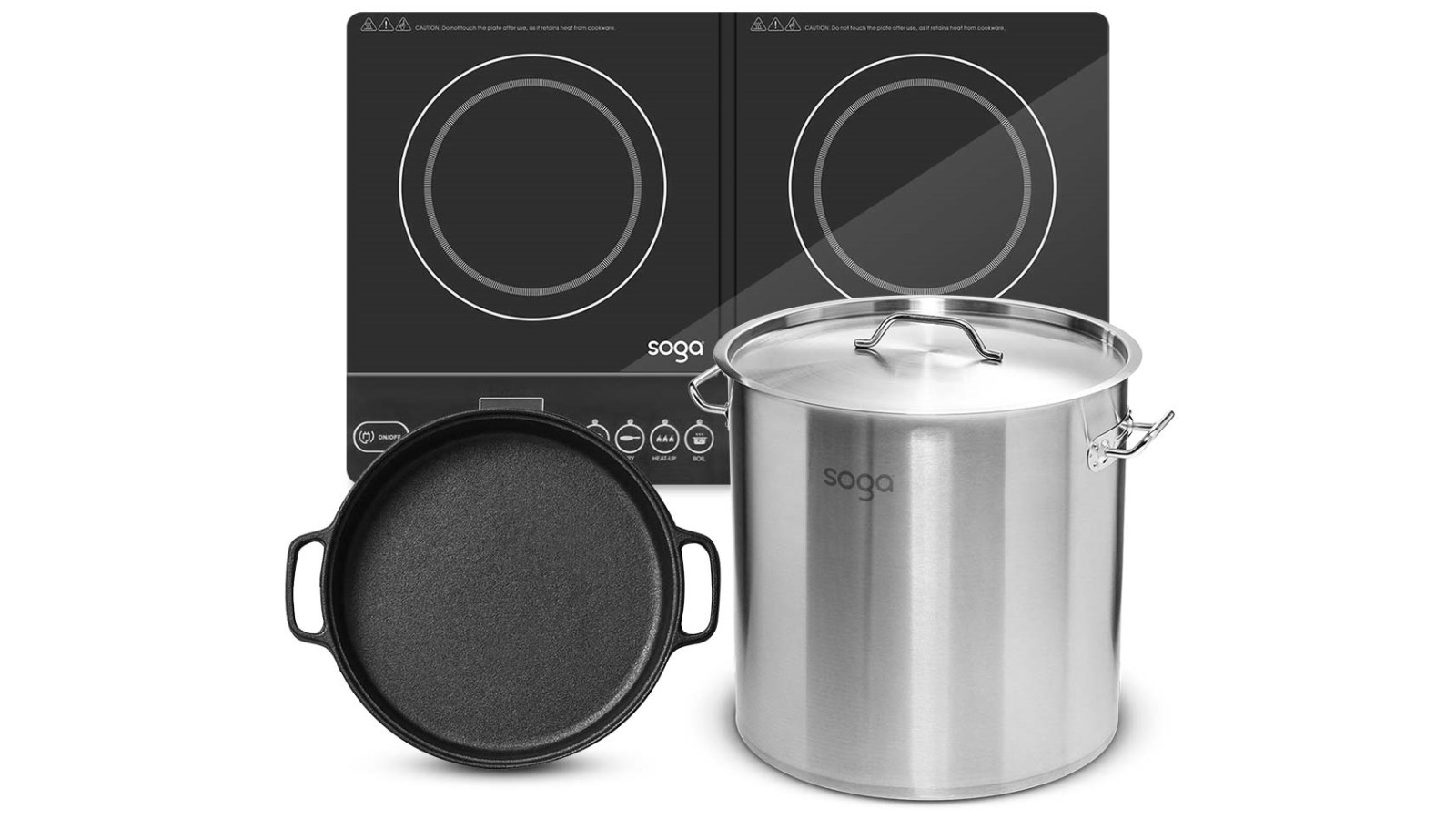 SOGA Dual Burners Cooktop Stove with 30cm Cast Iron Skillet and 17L 28cm Stainless Steel Stock Pot