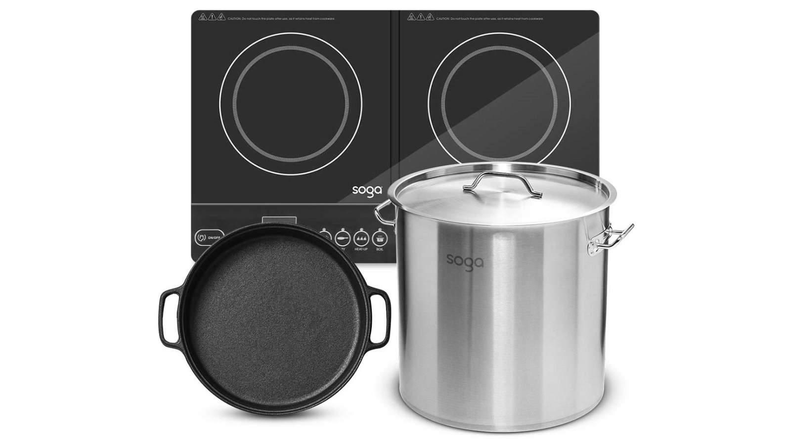 SOGA Dual Burners Cooktop Stove with 30cm Cast Iron Skillet and 21L 30cm Stainless Steel Stock Pot