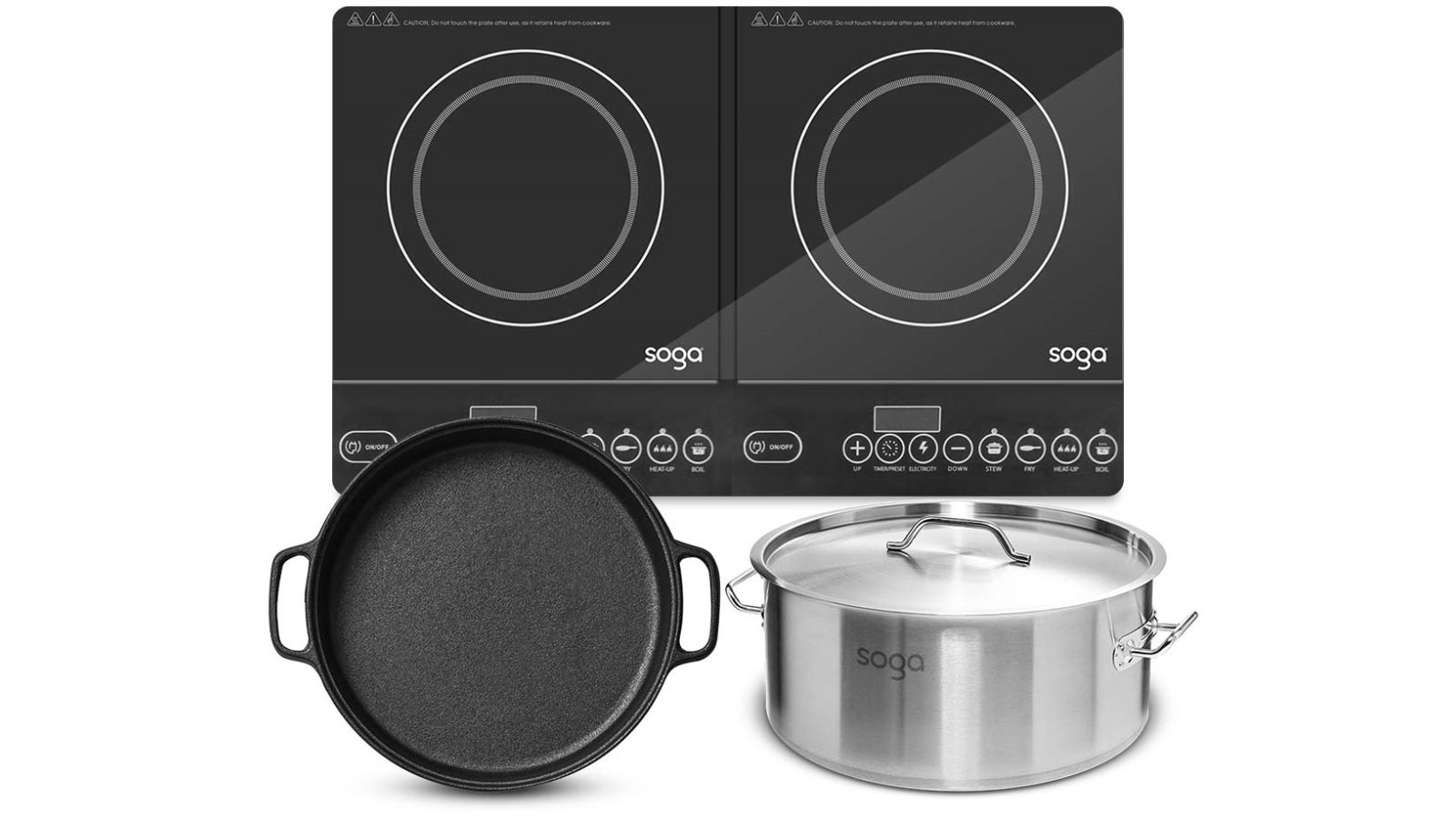 SOGA Dual Burners Cooktop Stove with 30cm Cast Iron Skillet and 14L Stainless Steel Stock Pot