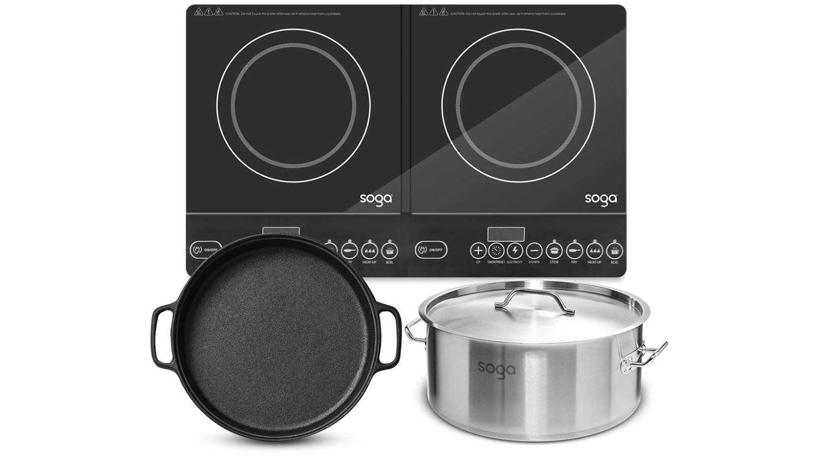SOGA Dual Burners Cooktop Stove with 30cm Cast Iron Skillet and 17L Stainless Steel Stock Pot