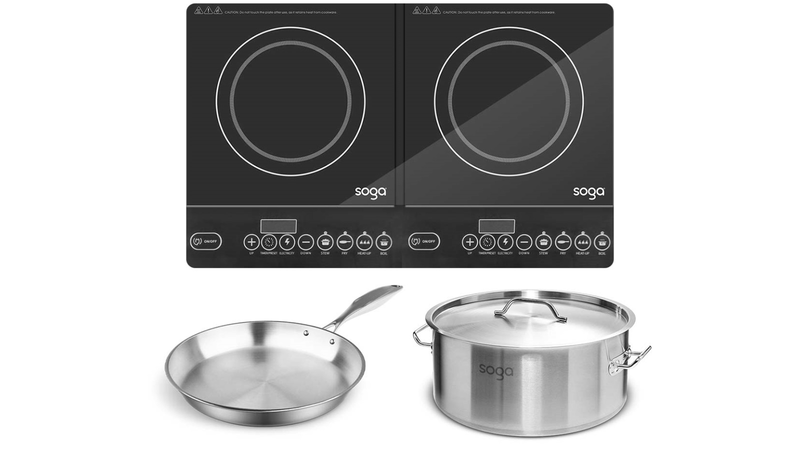 SOGA Dual Burners Cooktop Stove with 14L Stainless Steel Stock Pot and 28cm Induction Fry Pan