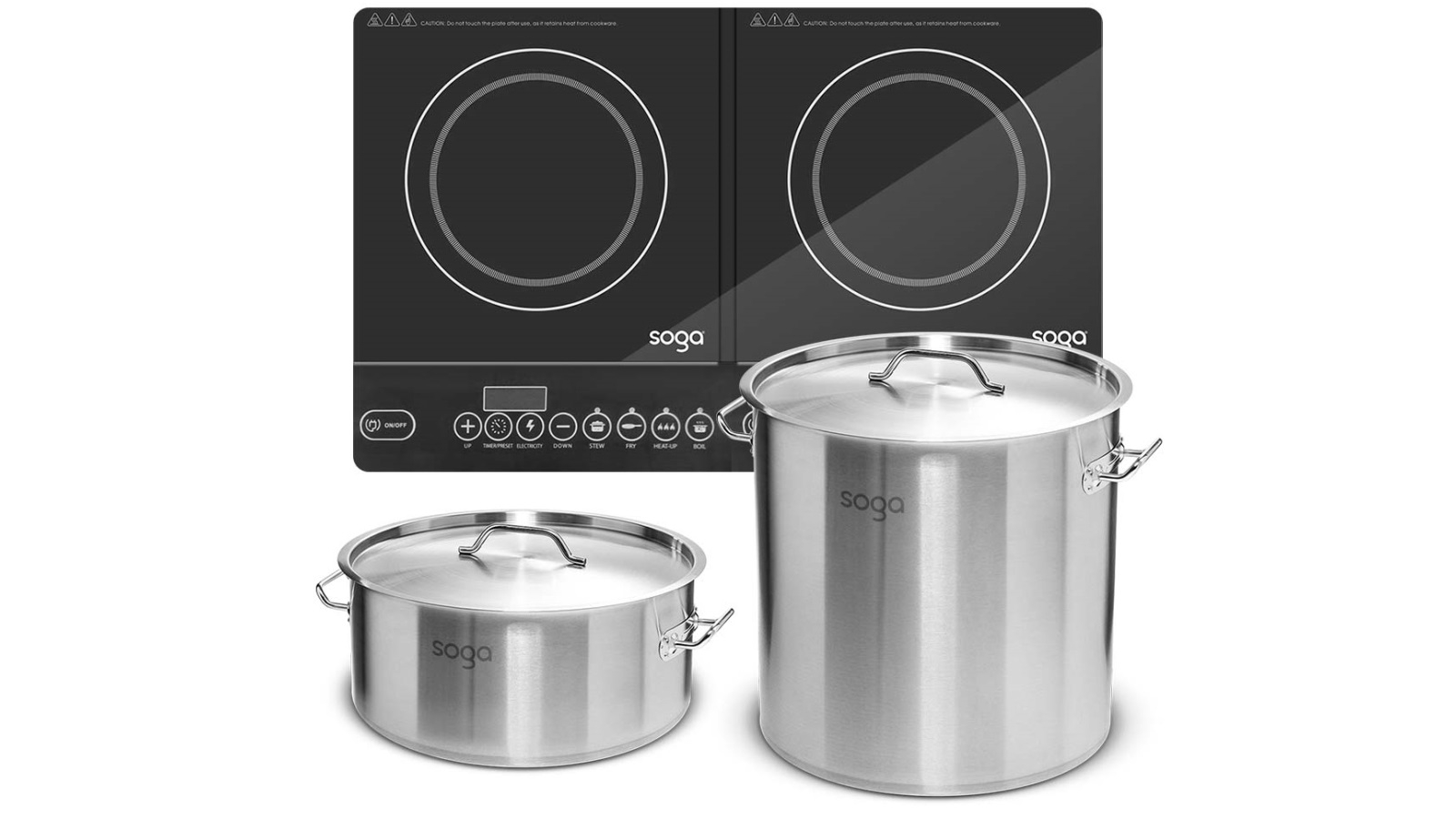 SOGA Dual Burners Cooktop Stove with 14L and 17L Stainless Steel Stock Pot