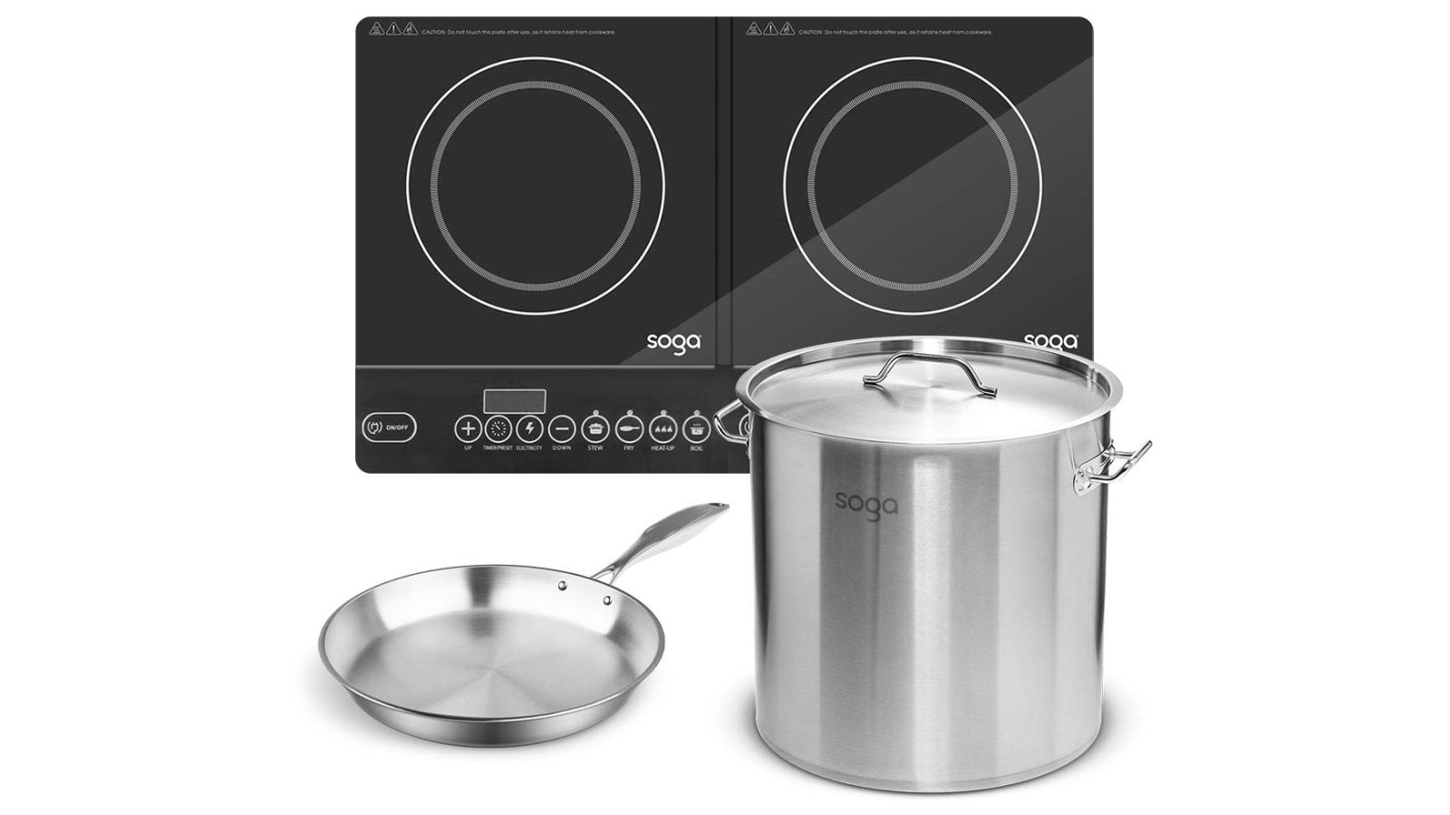 SOGA Dual Burners Cooktop Stove with 21L 30cm Stainless Steel Stock Pot and 30cm Induction Fry Pan