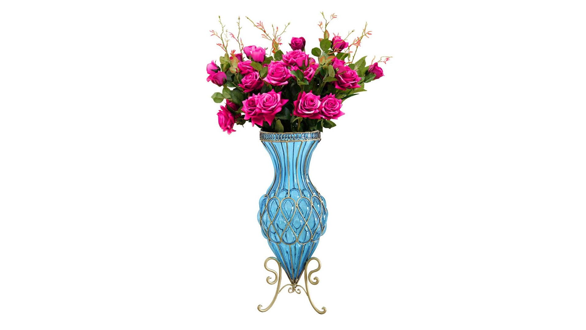 SOGA 67cm Vase and 12 Dark Pink Flower Set