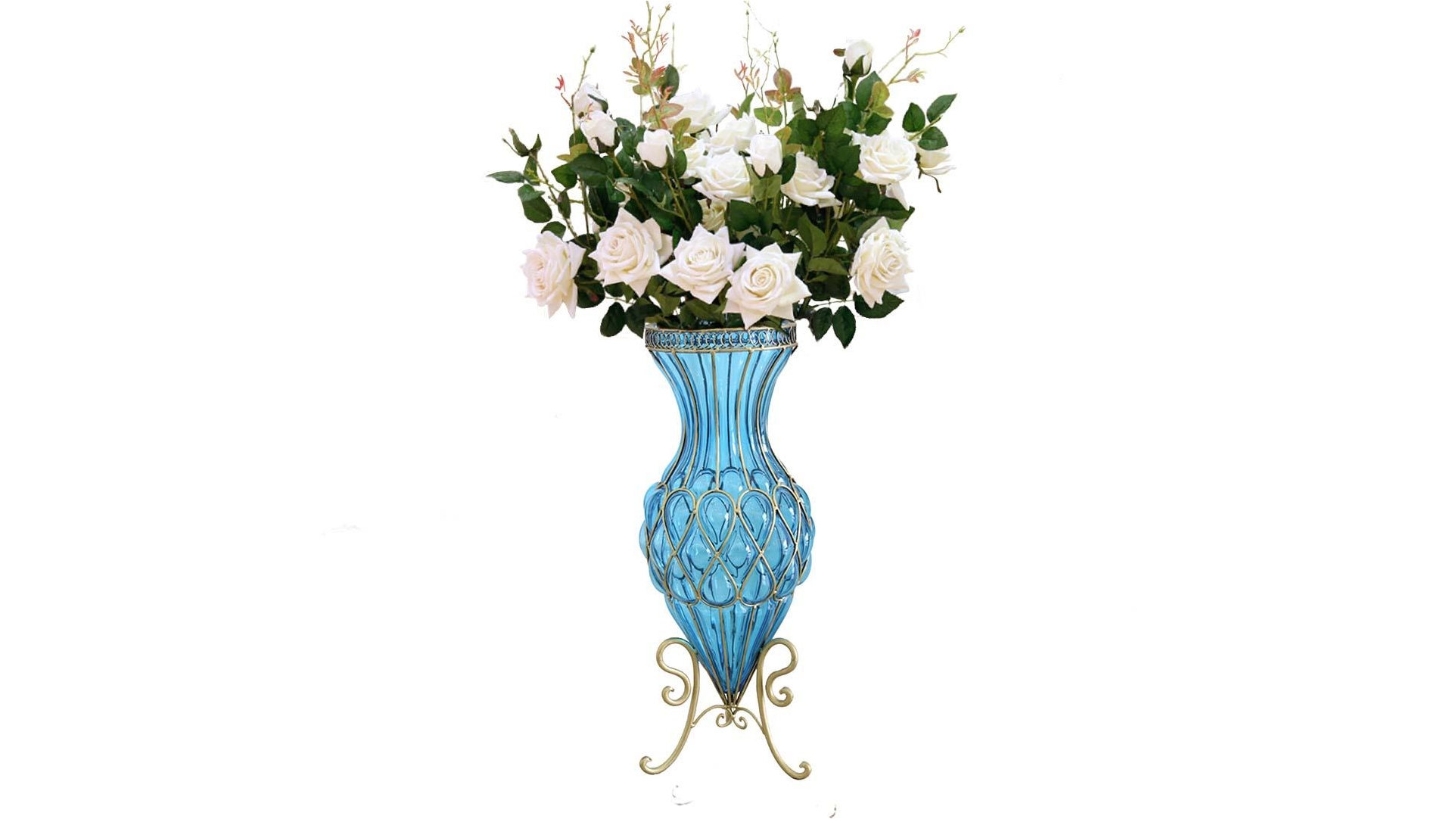 SOGA 67cm Vase and 12 White Flower Set