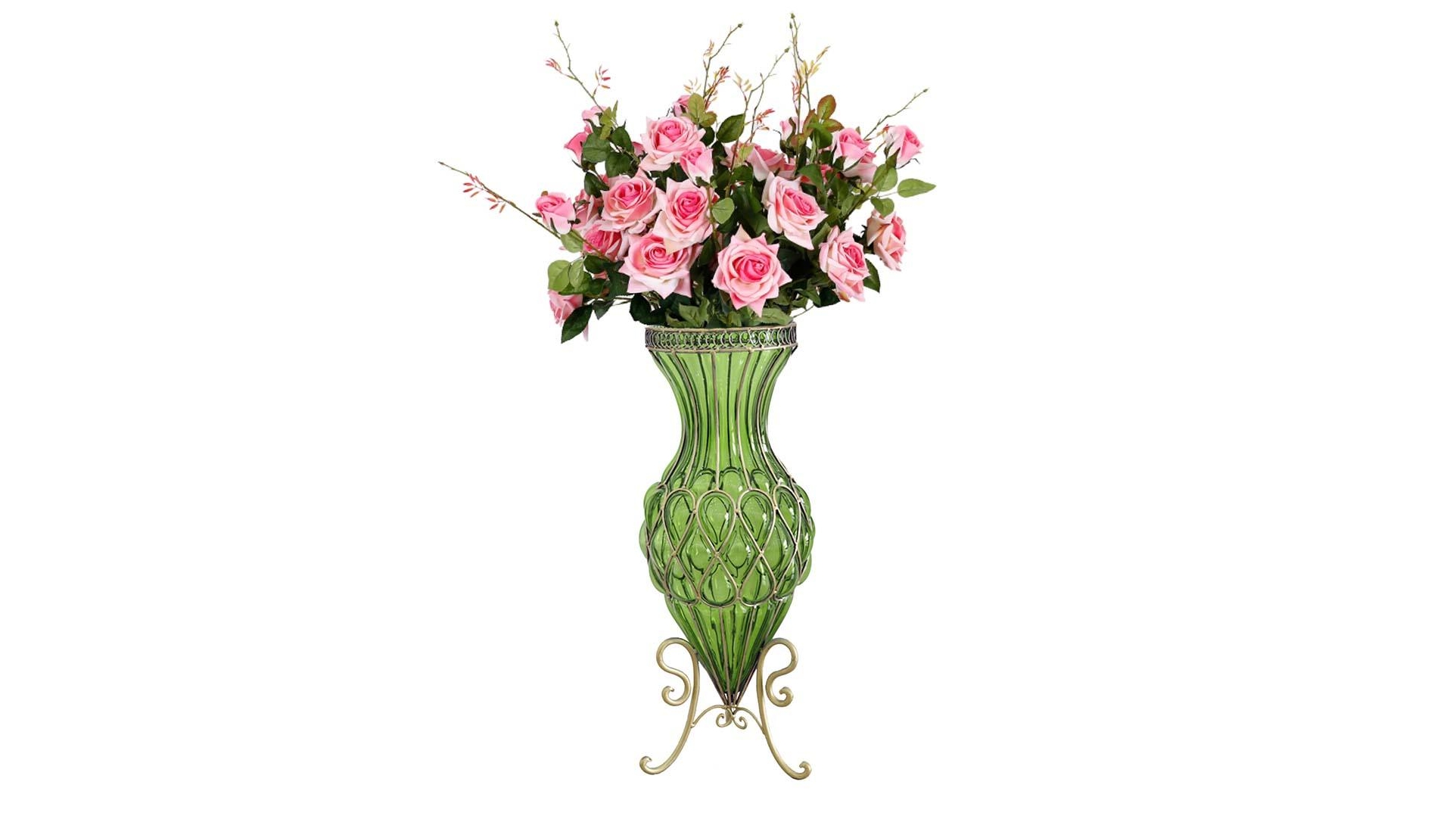 SOGA 67cm Green Vase and 12 Pink Flower Set