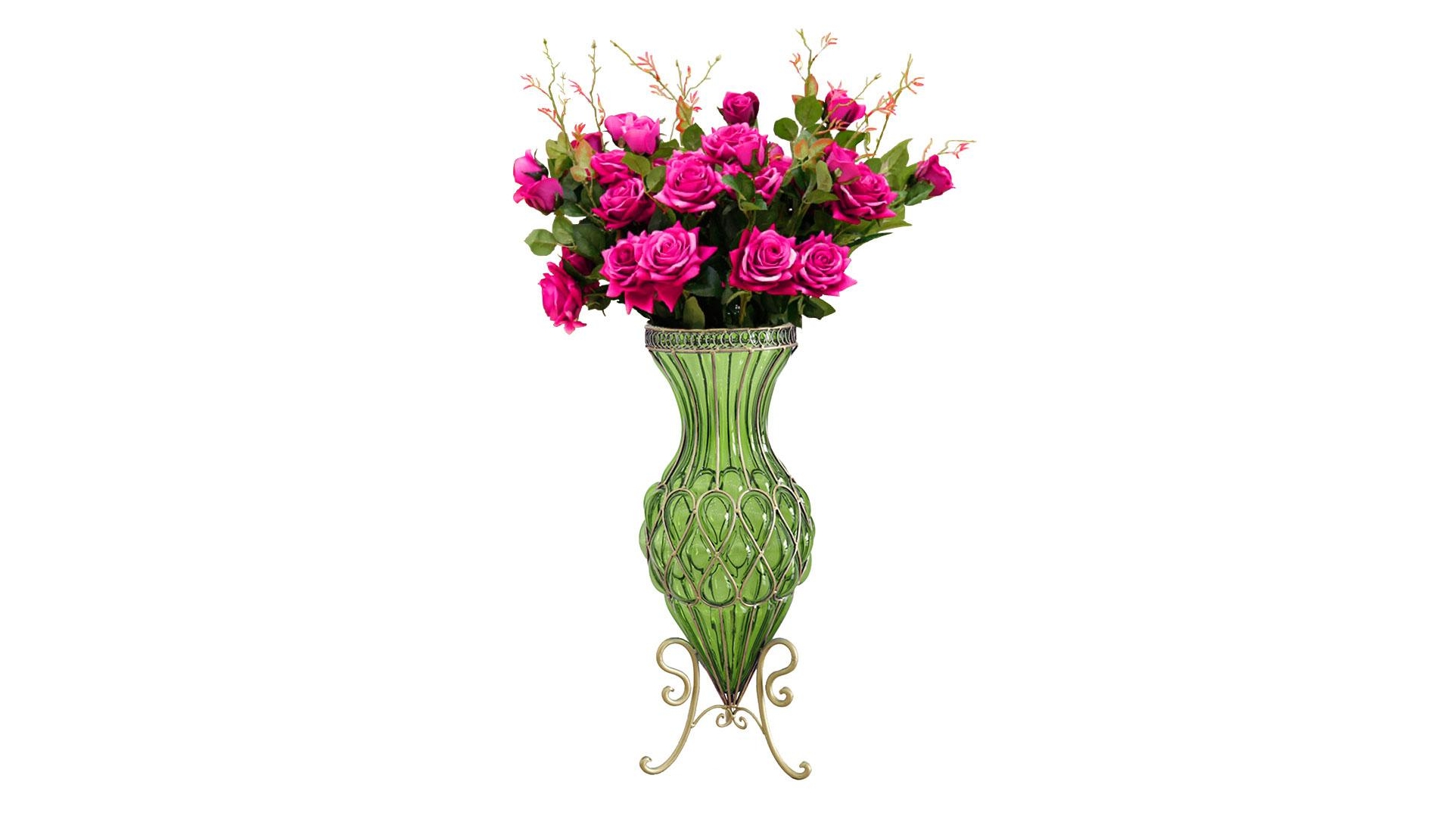 SOGA Flower Vase and Rose - Green with Red