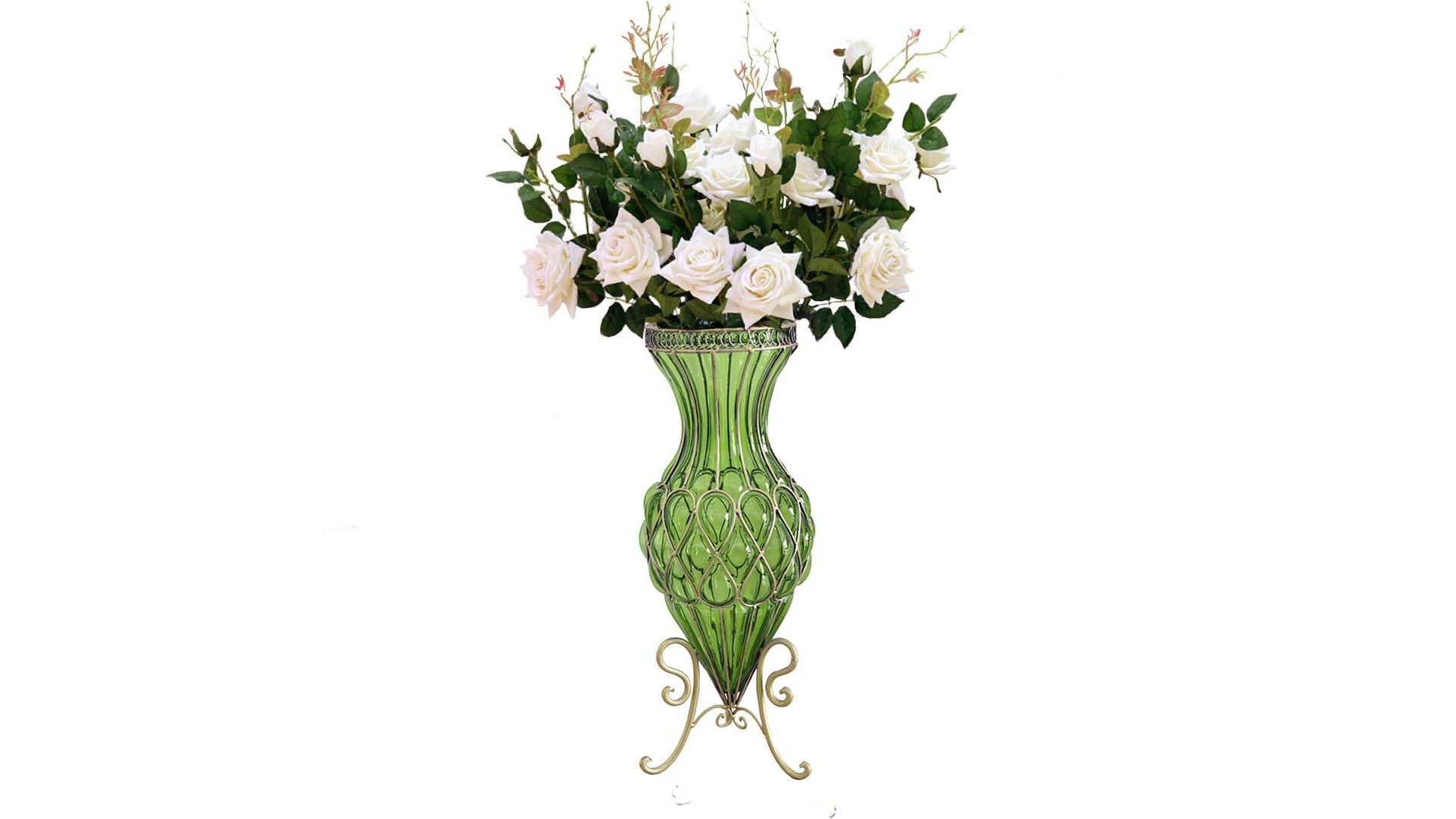 SOGA Flower Vase and Rose - Green with White
