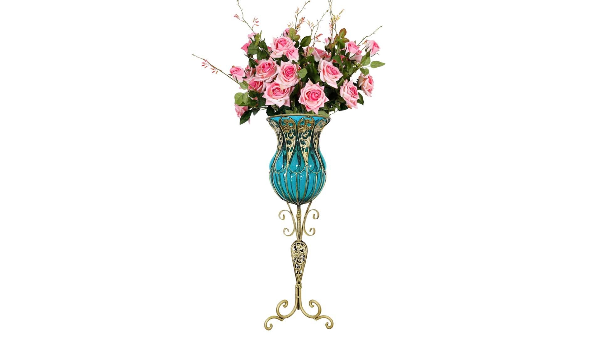 SOGA Flower Vase and Rose - Blue with Pink