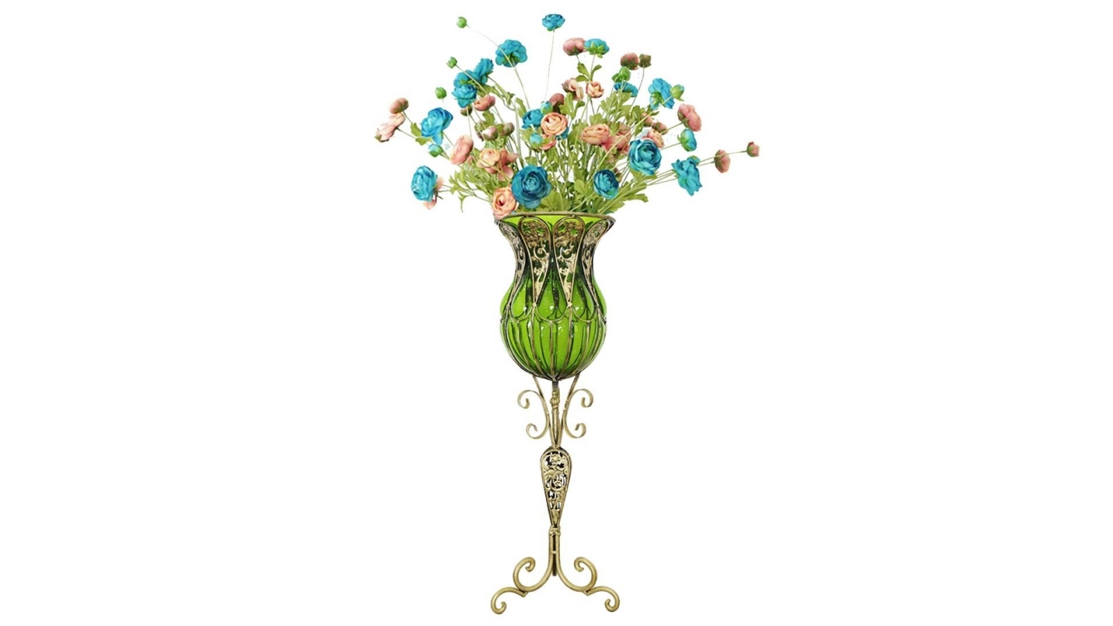 SOGA 85cm Green Floor Vase and 12 Pieces Blue Artificial Flower Set