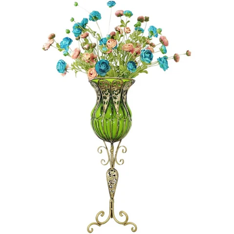 SOGA 85cm Green Floor Vase and 12 Pieces Blue Artificial Flower Set
