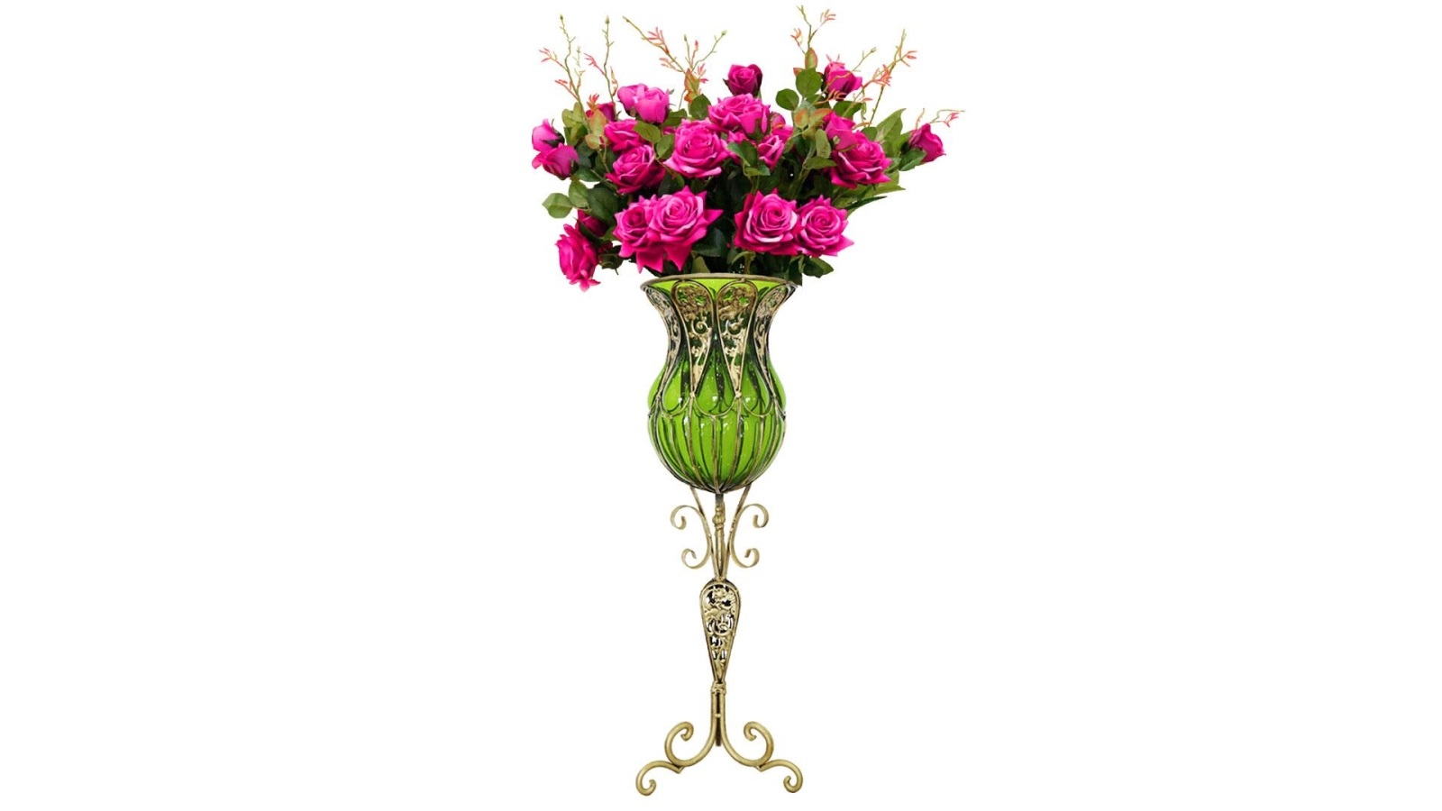 SOGA 85cm Green Floor Vase and 12 Pieces Red Artificial Flower Set