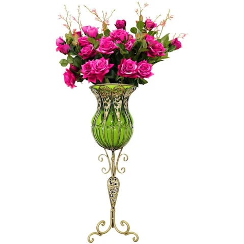 SOGA 85cm Green Floor Vase and 12 Pieces Red Artificial Flower Set