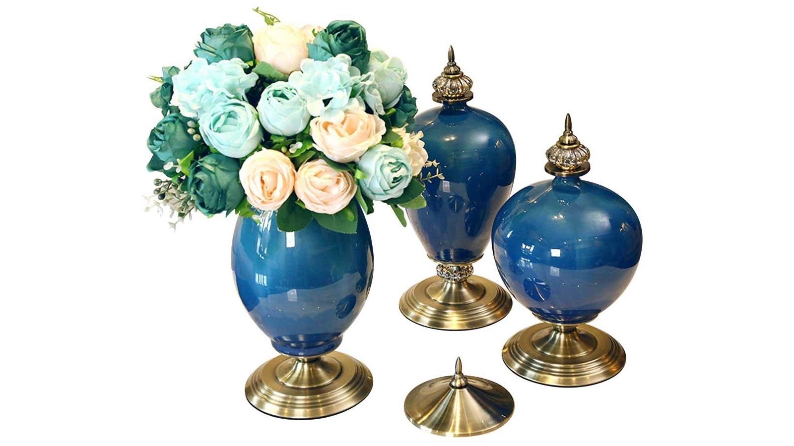 SOGA 3x Dark Blue Ceramic Vase with Blue Flower Set