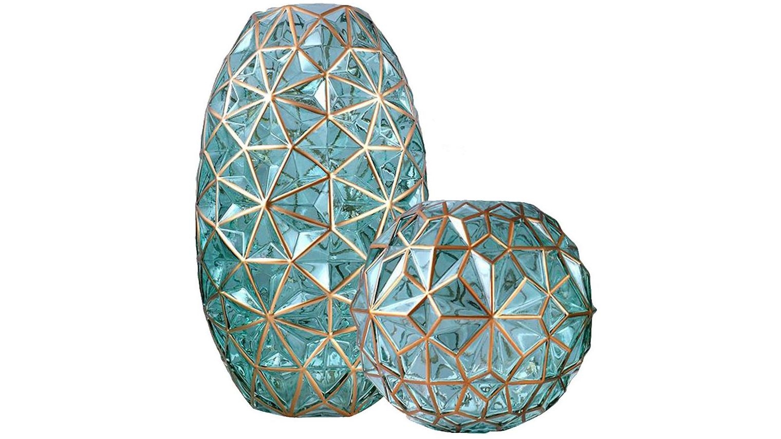 SOGA 2x Green Diamond Cut Glass Flower Vase with Gold Accent