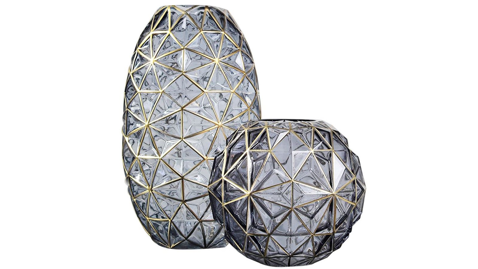 SOGA 2x Grey Diamond Cut Glass Flower Vase with Gold Accent