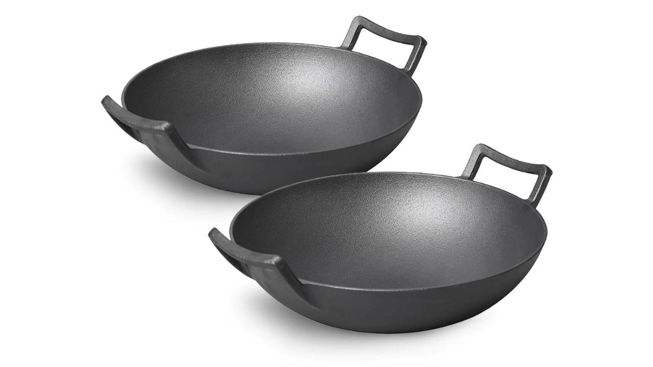 SOGA 2 Piece Commercial Cast Iron Wok Fry Pan with Double Handle - 32cm 