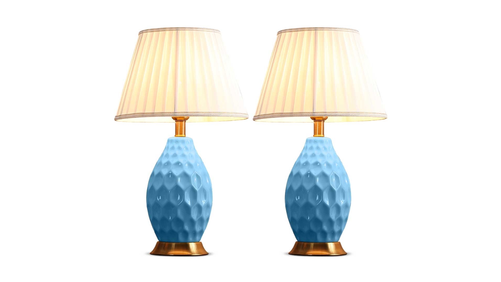 SOGA 2 Piece Textured Ceramic Oval Table Lamp with Gold Metal Base - Blue