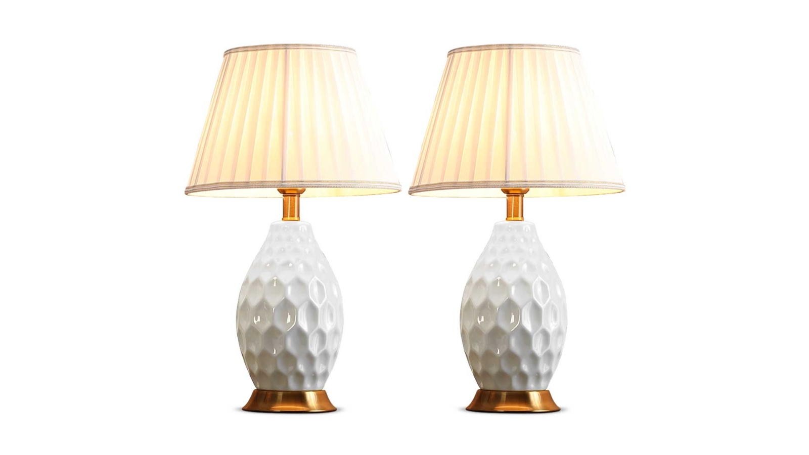 SOGA 2 Piece Textured Ceramic Oval Table Lamp with Gold Metal Base - White